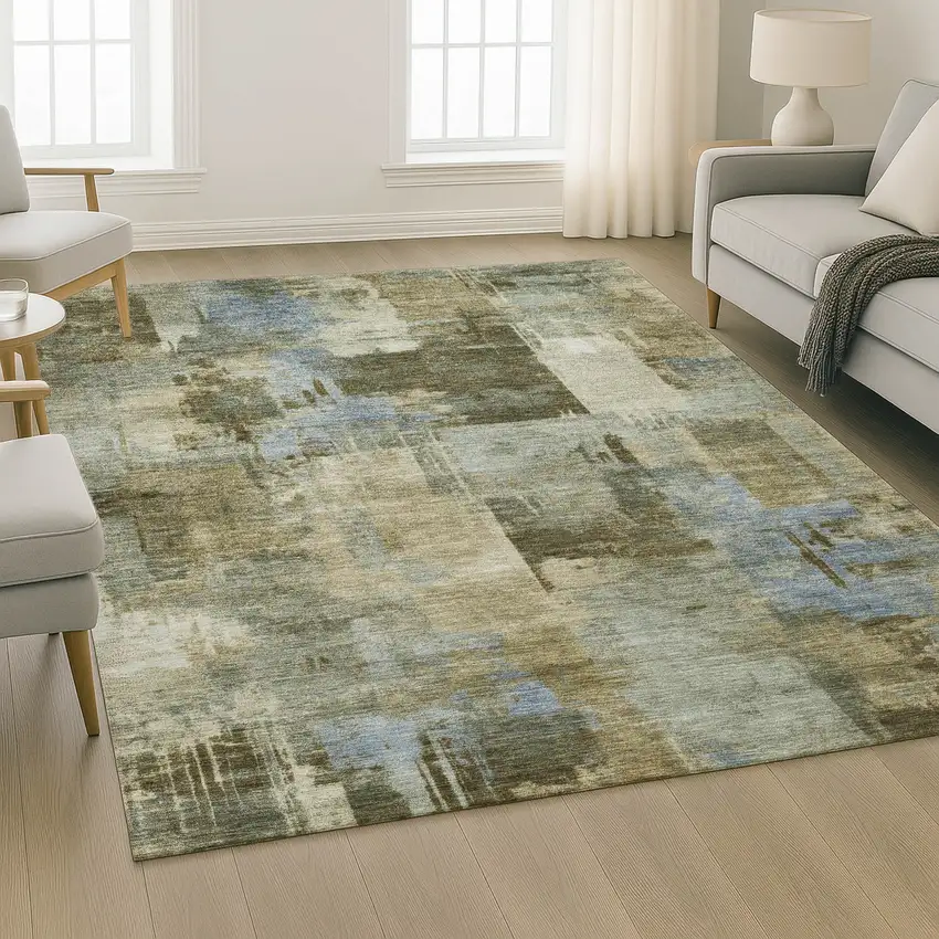 Green And Gray Abstract Washable Area Rug With UV Protection Photo 5