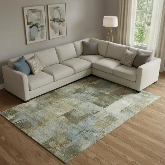 Green And Gray Abstract Washable Area Rug With UV Protection Photo 2