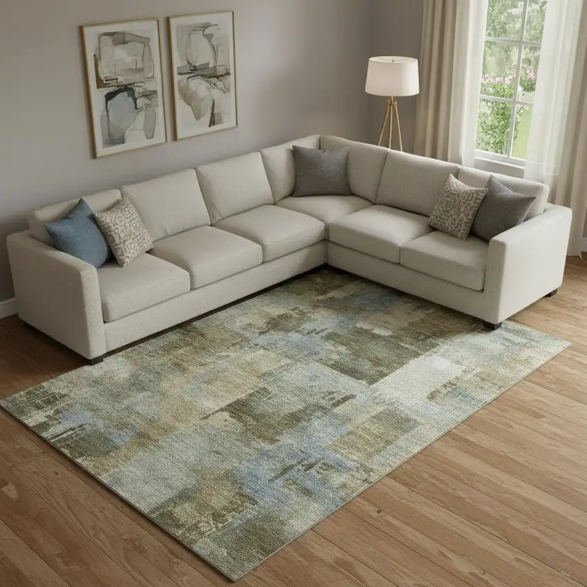 Green And Gray Abstract Washable Area Rug With UV Protection Photo 2