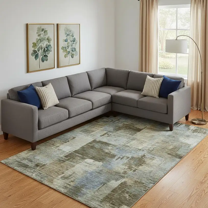 Green And Gray Abstract Washable Area Rug With UV Protection Photo 2