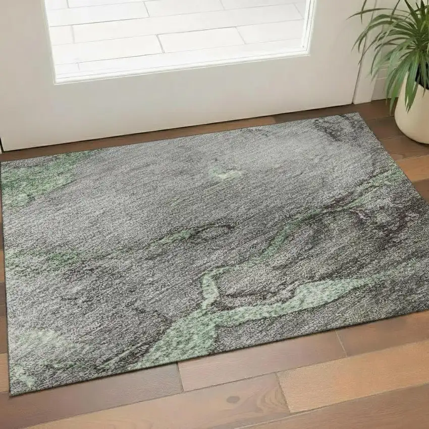 Green And Gray Abstract Washable Area Rug With UV Protection Photo 2