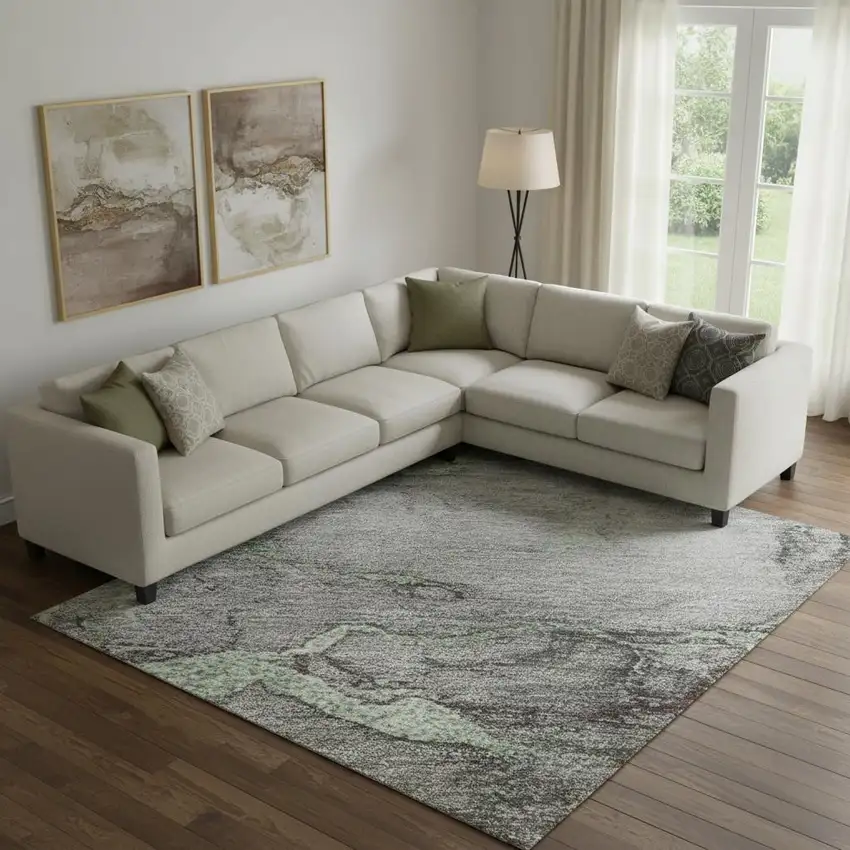 Green And Gray Abstract Washable Area Rug With UV Protection Photo 1