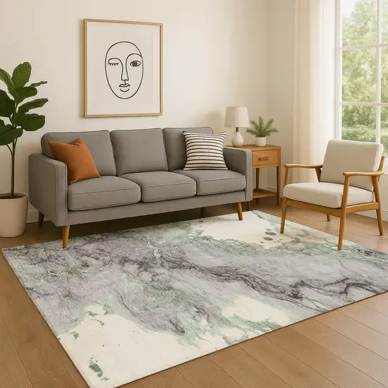 Green And Gray Abstract Washable Area Rug With UV Protection Photo 4