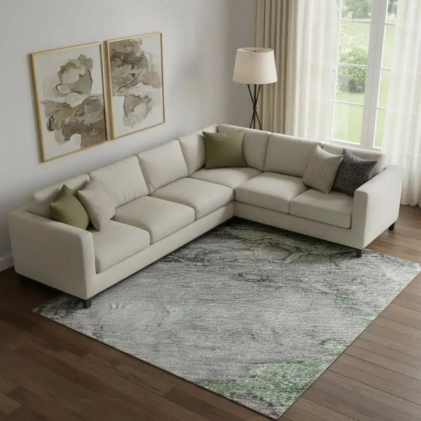 Green And Gray Abstract Washable Area Rug With UV Protection Photo 1