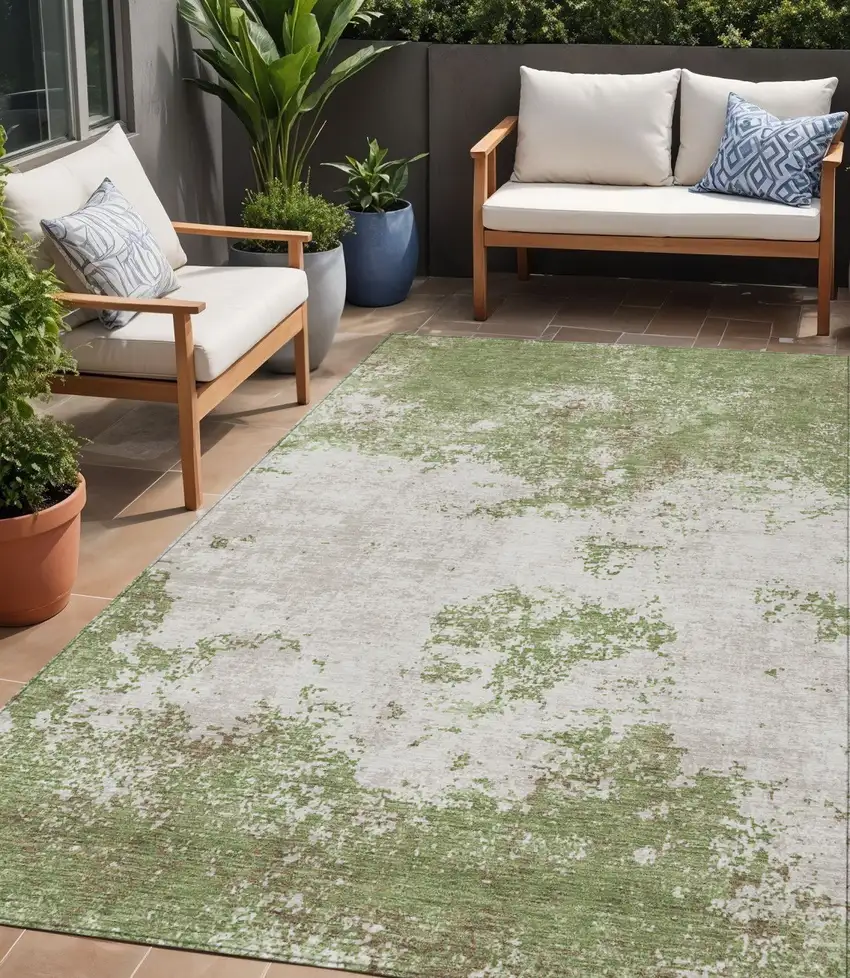 Green And Gray Abstract Washable Indoor Outdoor Area Rug Photo 1