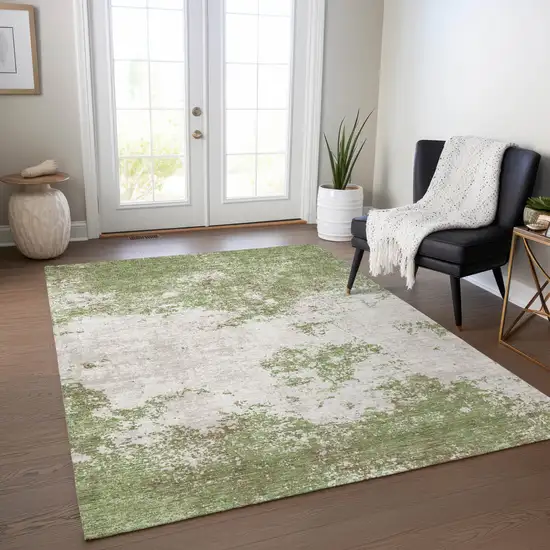 Green And Gray Abstract Washable Indoor Outdoor Area Rug Photo 9