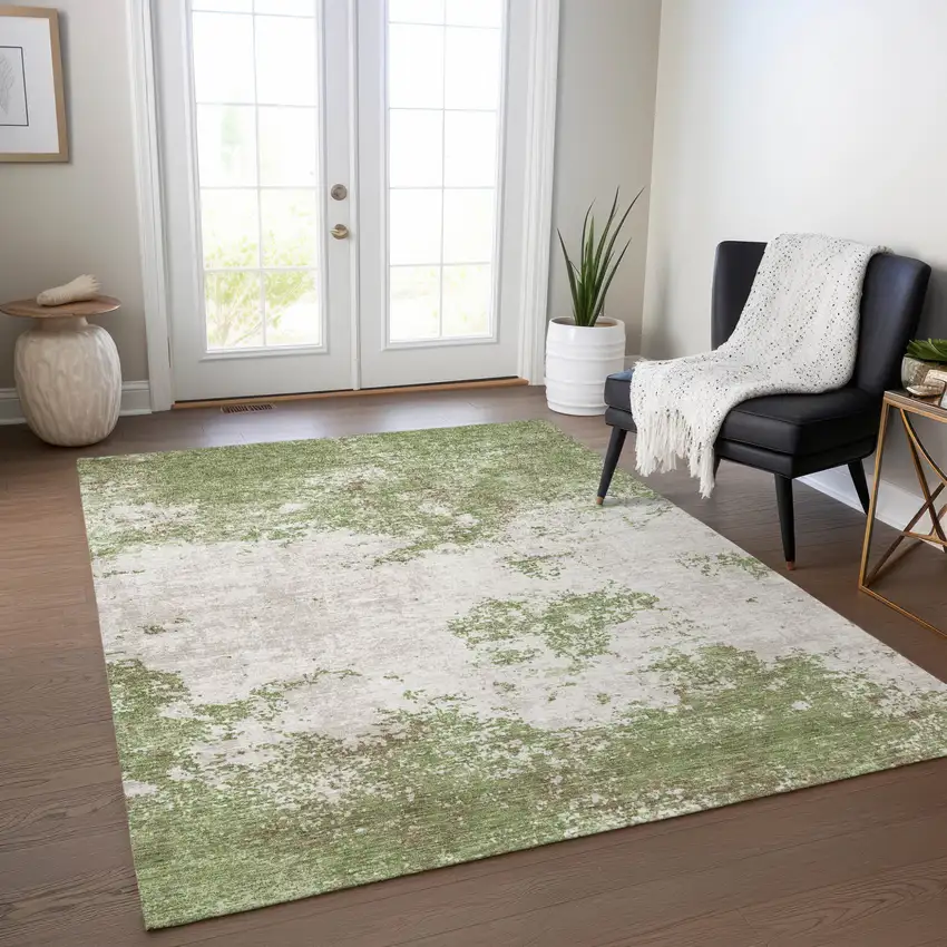 Green And Gray Abstract Washable Indoor Outdoor Area Rug Photo 9