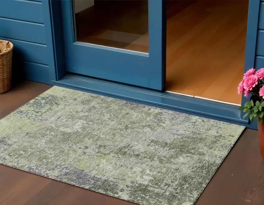 Green And Gray Abstract Washable Indoor Outdoor Area Rug Photo 1