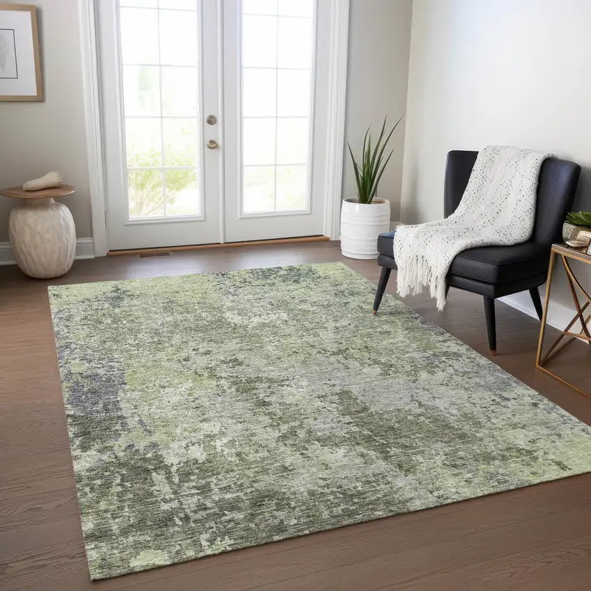 Green And Gray Abstract Washable Indoor Outdoor Area Rug Photo 9