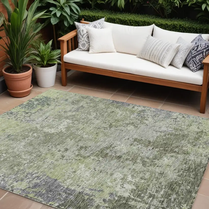 Green And Gray Abstract Washable Indoor Outdoor Area Rug Photo 1