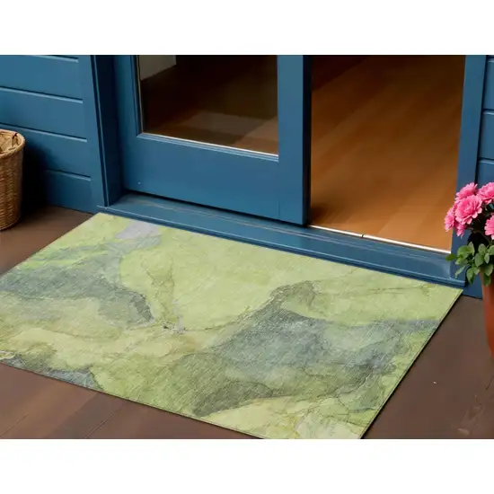 Green And Gray Abstract Washable Indoor Outdoor Area Rug Photo 2