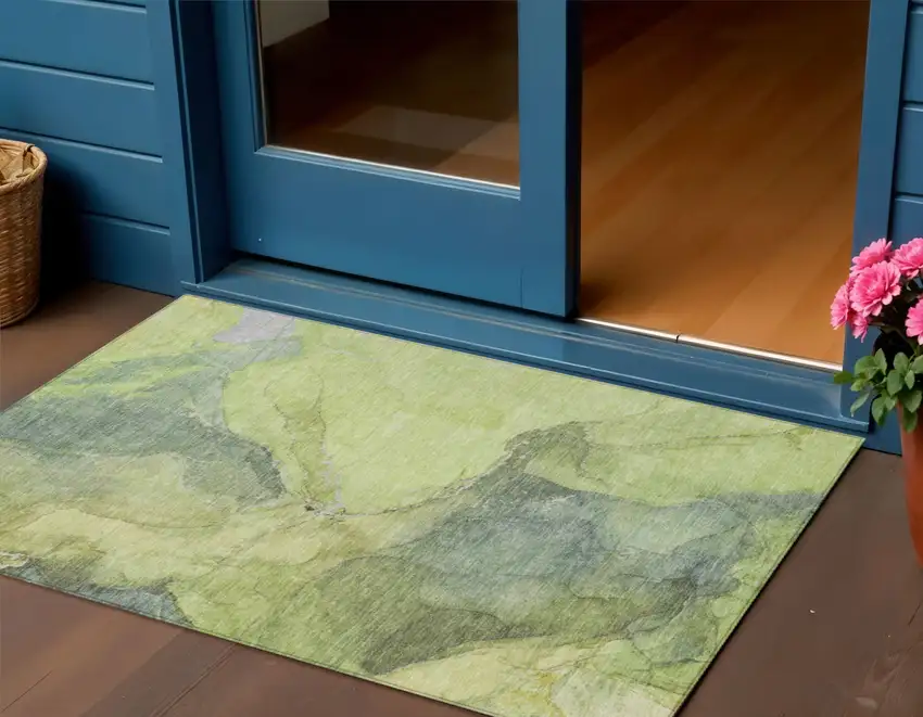 Green And Gray Abstract Washable Indoor Outdoor Area Rug Photo 2