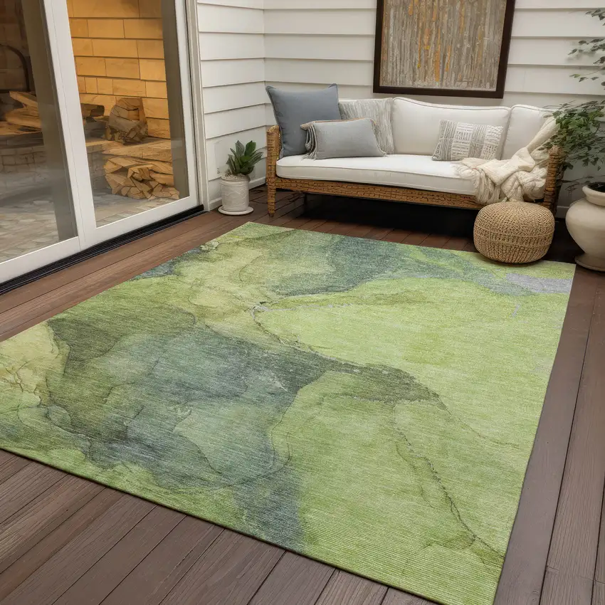 Green And Gray Abstract Washable Indoor Outdoor Area Rug Photo 6