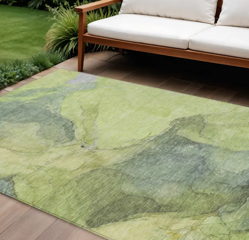 Green And Gray Abstract Washable Indoor Outdoor Area Rug Photo 2