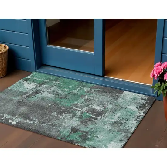 Green And Gray Abstract Washable Indoor Outdoor Area Rug Photo 2