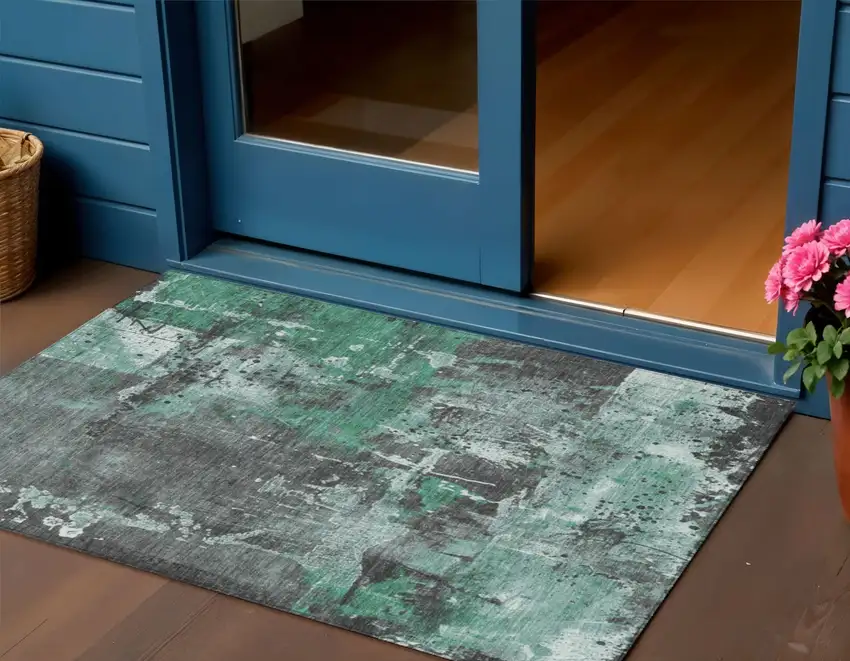 Green And Gray Abstract Washable Indoor Outdoor Area Rug Photo 2