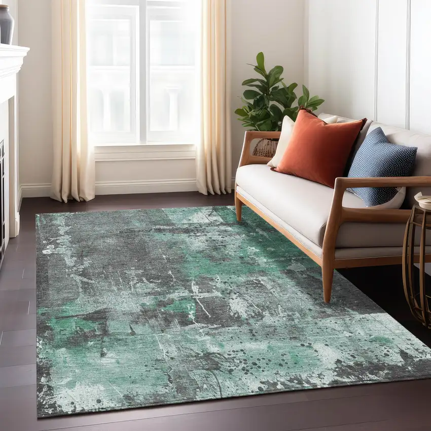 Green And Gray Abstract Washable Indoor Outdoor Area Rug Photo 5