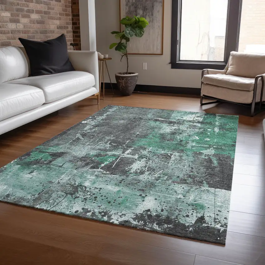 Green And Gray Abstract Washable Indoor Outdoor Area Rug Photo 4