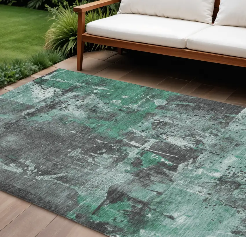 Green And Gray Abstract Washable Indoor Outdoor Area Rug Photo 2