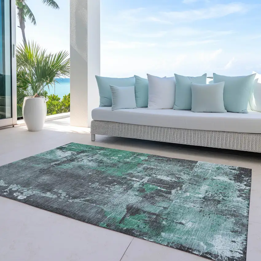 Green And Gray Abstract Washable Indoor Outdoor Area Rug Photo 4