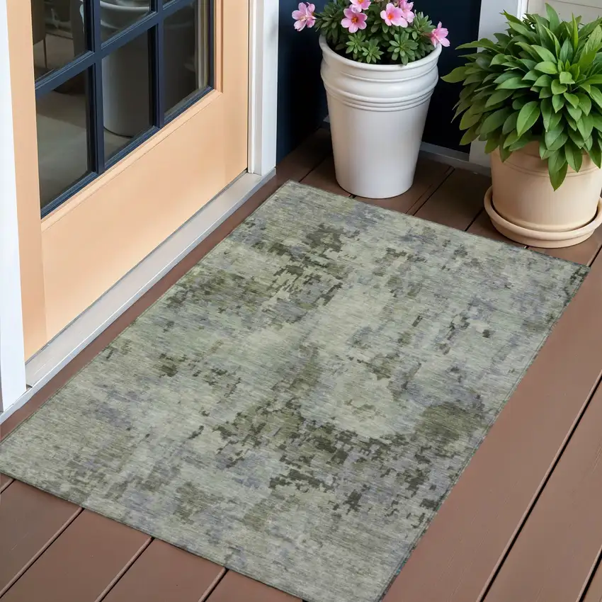 Green And Gray Abstract Washable Indoor Outdoor Area Rug Photo 1