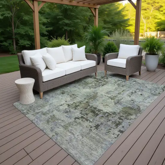 Green And Gray Abstract Washable Indoor Outdoor Area Rug Photo 7