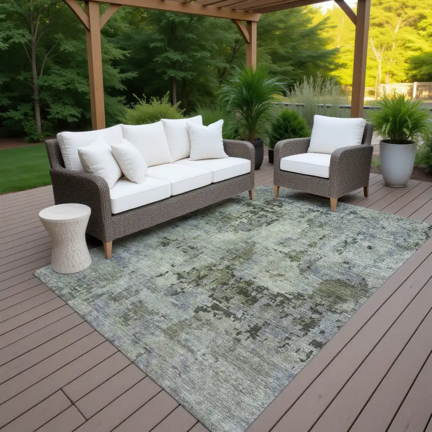 Green And Gray Abstract Washable Indoor Outdoor Area Rug Photo 7