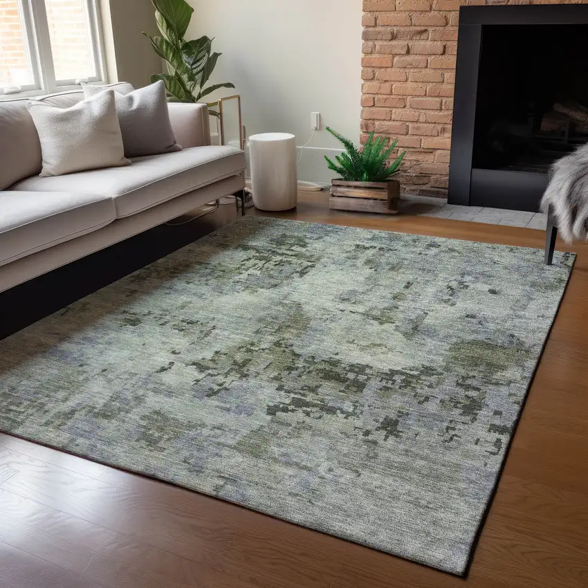 Green And Gray Abstract Washable Indoor Outdoor Area Rug Photo 6