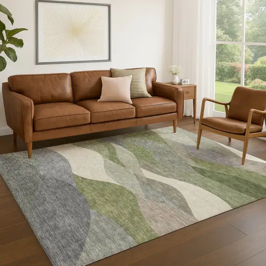Green And Gray Abstract Washable Indoor Outdoor Area Rug Photo 4