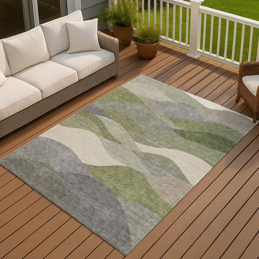 Green And Gray Abstract Washable Indoor Outdoor Area Rug Photo 3