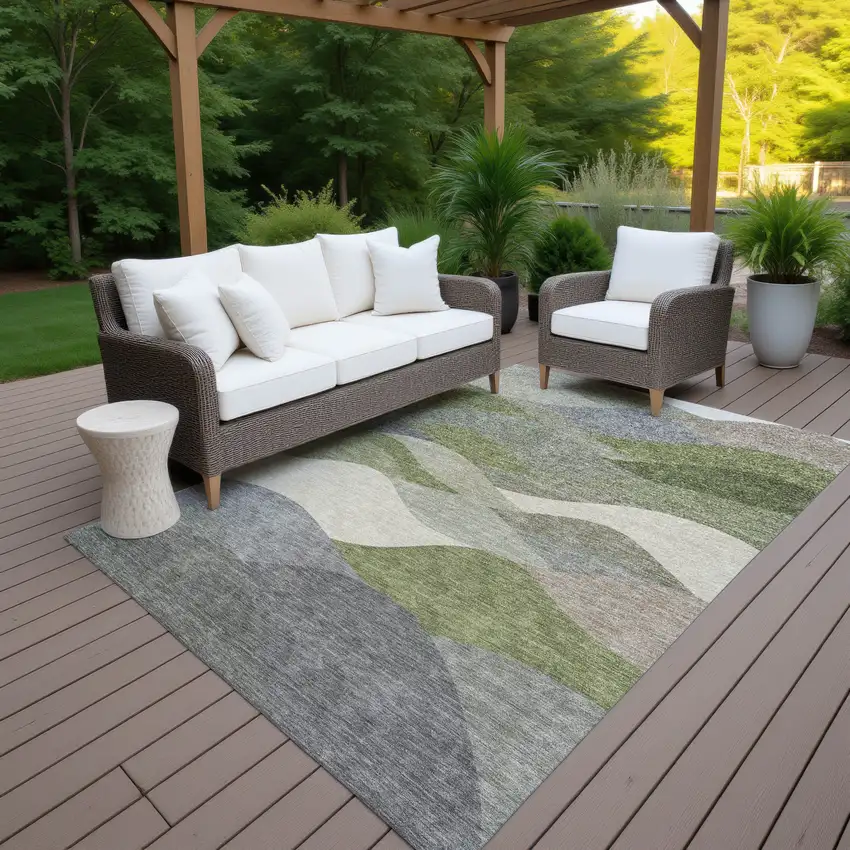 Green And Gray Abstract Washable Indoor Outdoor Area Rug Photo 6