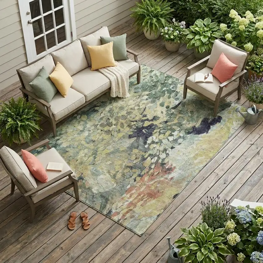 Green And Gray Abstract Washable Indoor Outdoor Area Rug Photo 1