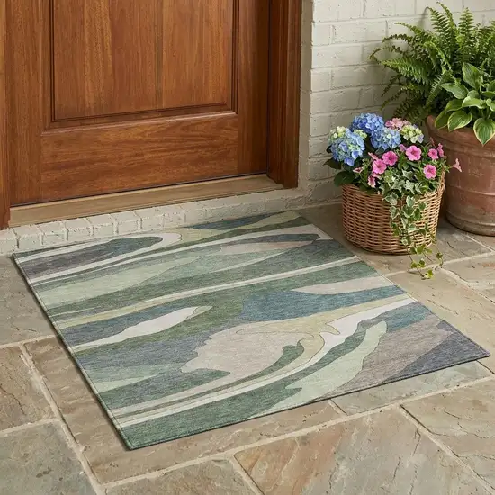 Green And Gray Abstract Washable Indoor Outdoor Area Rug Photo 1