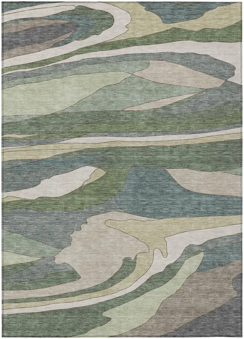 Green And Gray Abstract Washable Indoor Outdoor Area Rug Photo 2