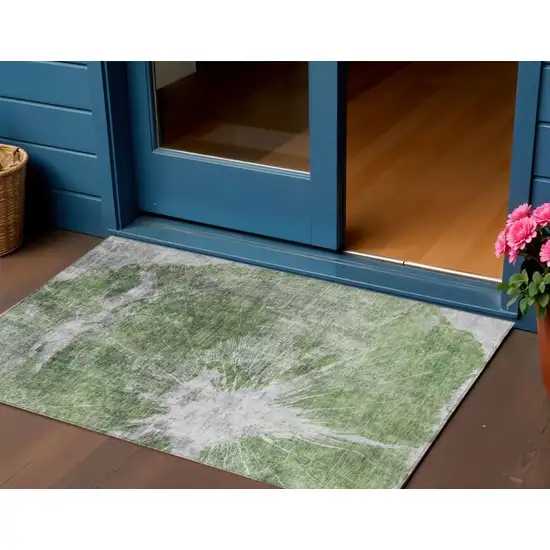 Green And Gray Abstract Washable Indoor Outdoor Area Rug Photo 1