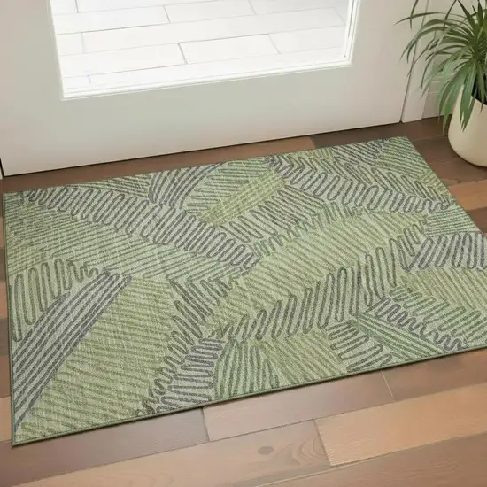 Green And Gray Botanical Leaves Washable Area Rug With UV Protection Photo 1