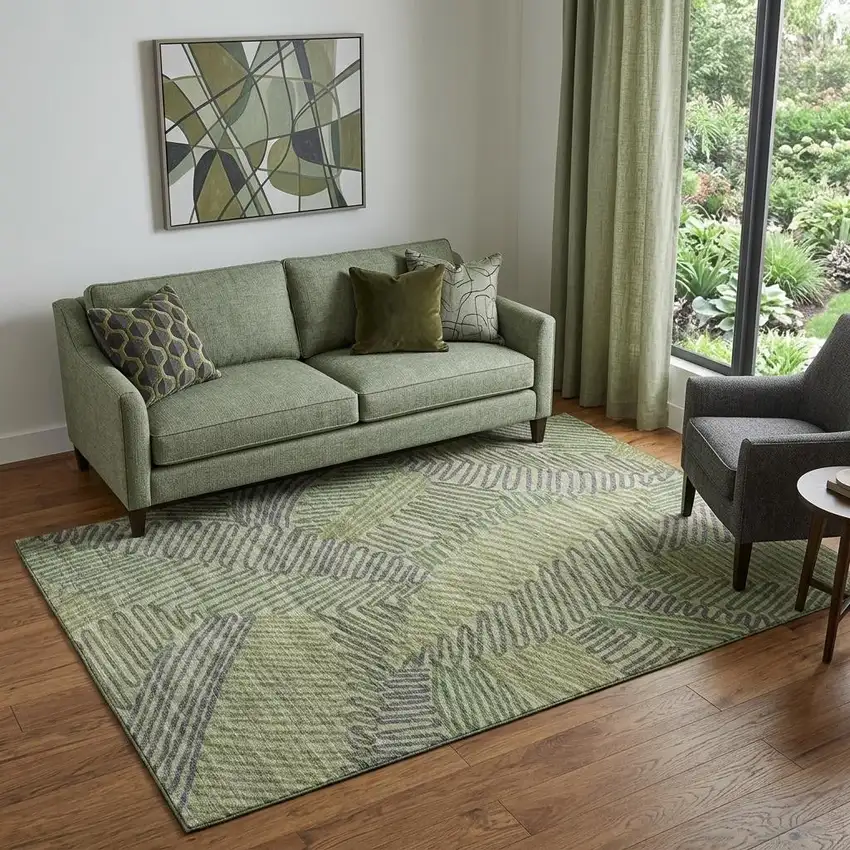 Green And Gray Botanical Leaves Washable Area Rug With UV Protection Photo 1