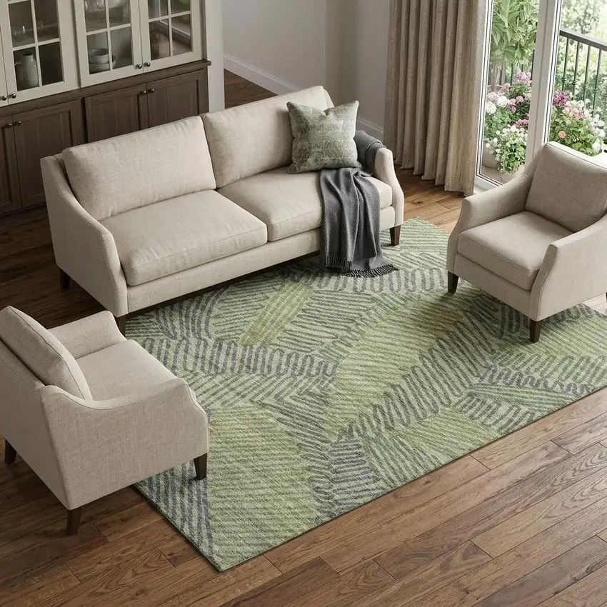 Green And Gray Botanical Leaves Washable Area Rug With UV Protection Photo 1