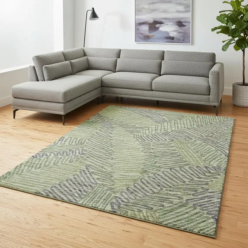 Green And Gray Botanical Leaves Washable Area Rug With UV Protection Photo 1