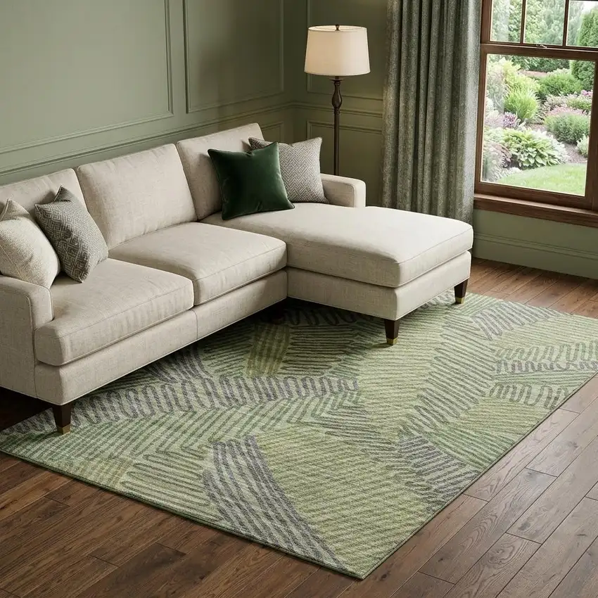 Green And Gray Botanical Leaves Washable Area Rug With UV Protection Photo 1