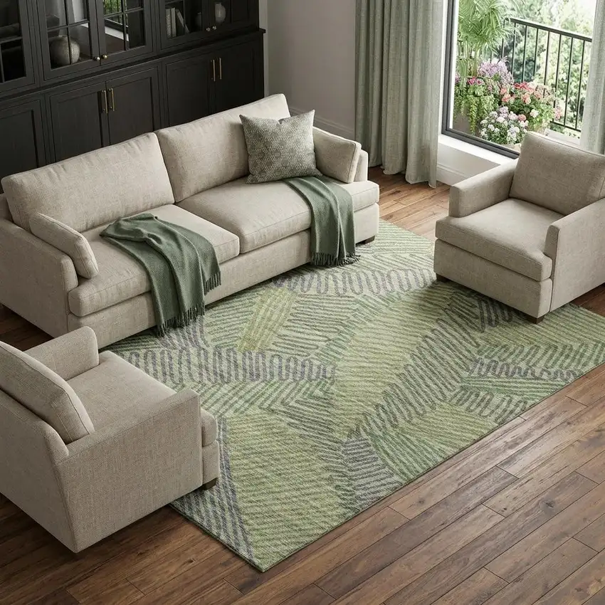 Green And Gray Botanical Leaves Washable Area Rug With UV Protection Photo 1