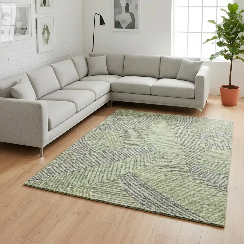 Green And Gray Botanical Leaves Washable Area Rug With UV Protection Photo 1