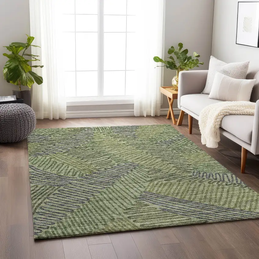 Green And Gray Botanical Leaves Washable Area Rug With UV Protection Photo 4