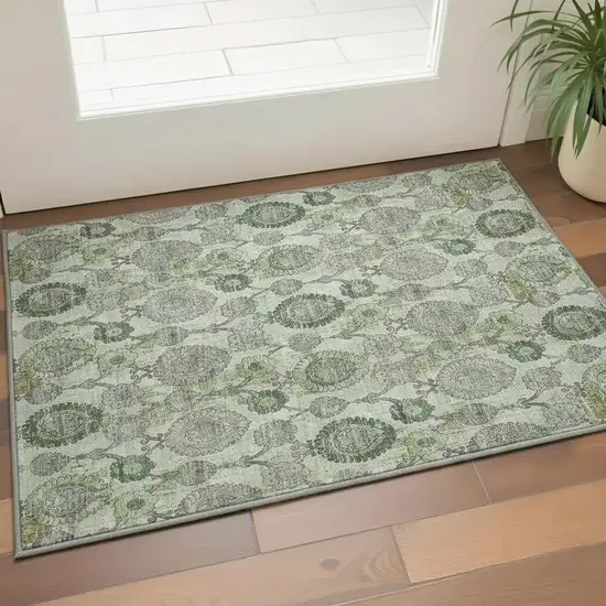 Green And Gray Damask Washable Area Rug With UV Protection Photo 2