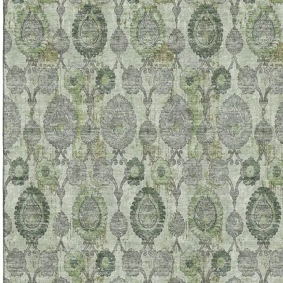 Green And Gray Damask Washable Area Rug With UV Protection Photo 4