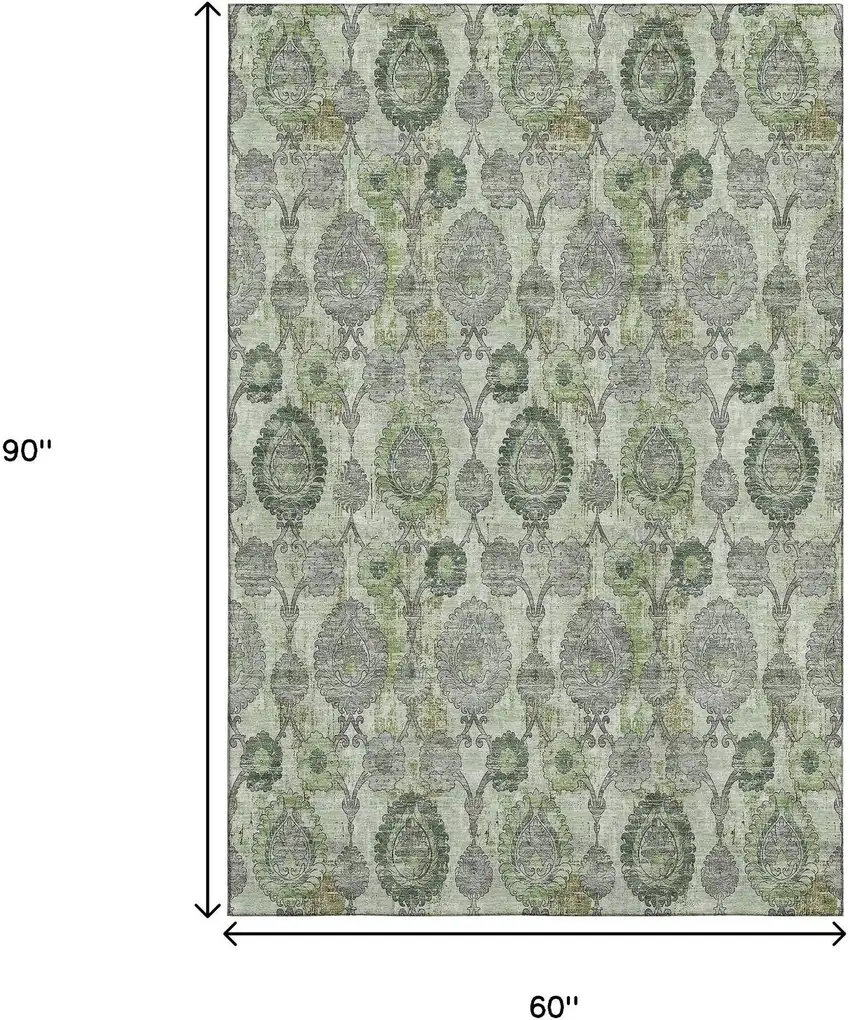 Green And Gray Damask Washable Area Rug With UV Protection Photo 3