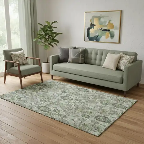 Green And Gray Damask Washable Area Rug With UV Protection Photo 1