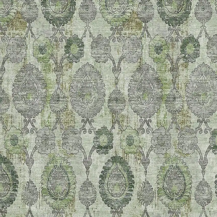 Green And Gray Damask Washable Area Rug With UV Protection Photo 3