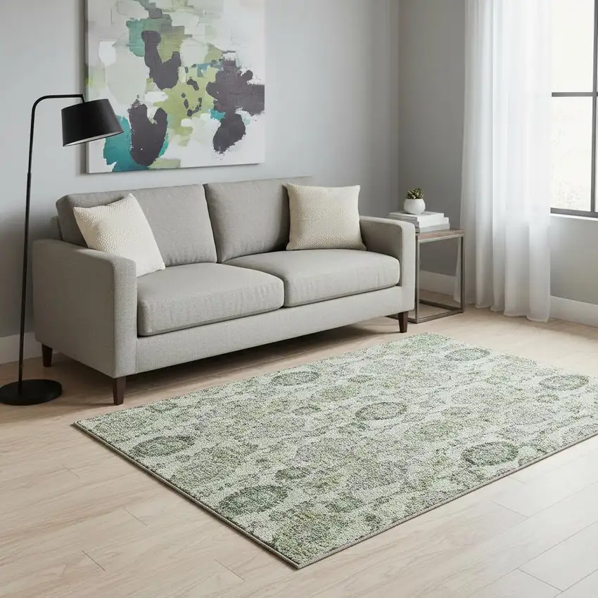 Green And Gray Damask Washable Area Rug With UV Protection Photo 2