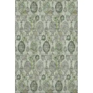 Photo of Green And Gray Damask Washable Area Rug With UV Protection